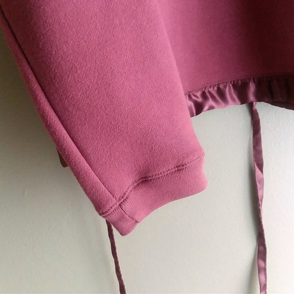 Denim & Co. Burgundy Zip Up  Hoodie Sweatshirt with Satin Hood, Pocket, and Ties - Picture 6 of 9